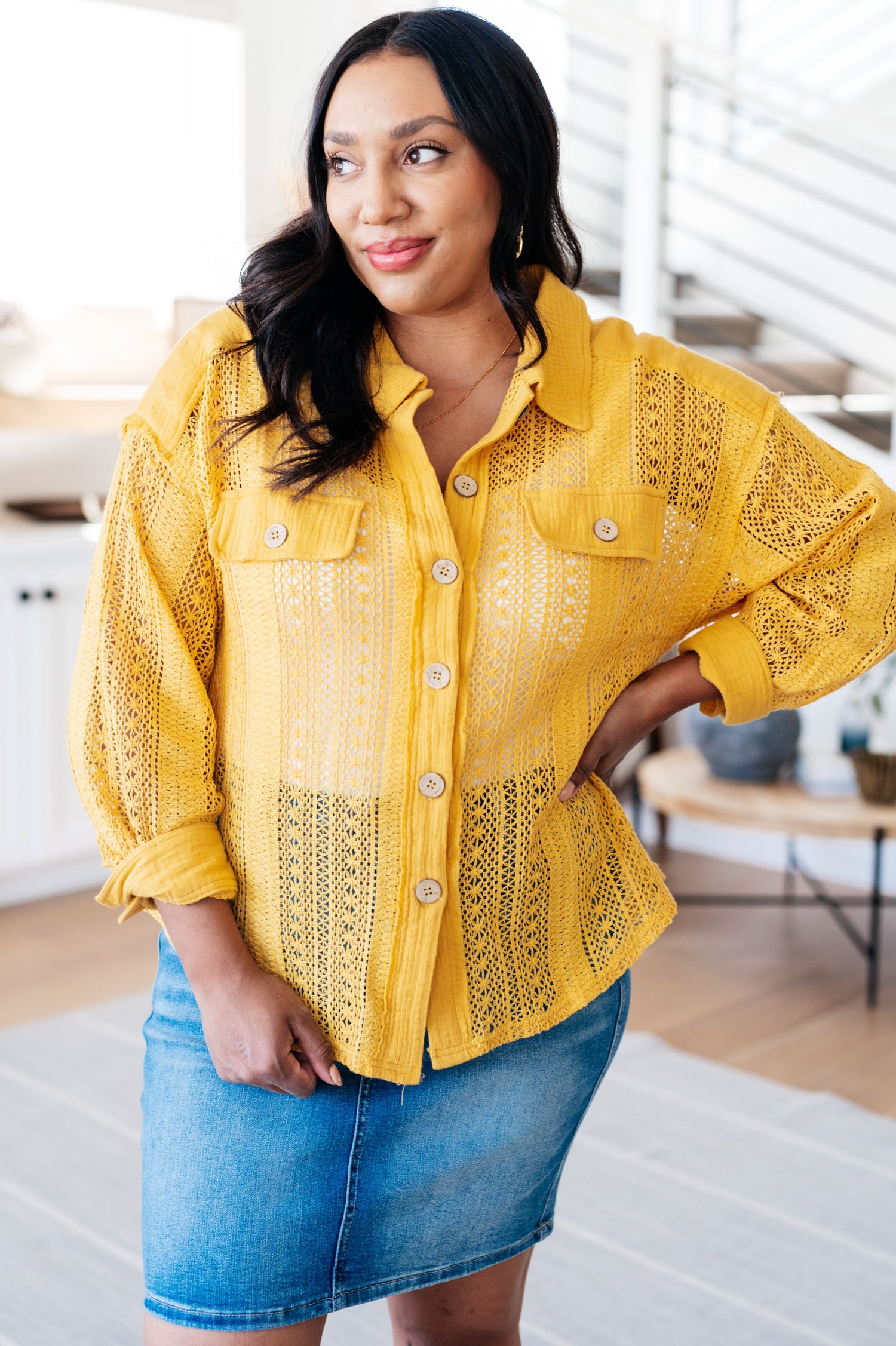 Sweeter Than Nectar Lace Button Down in Honey Womens Tops   