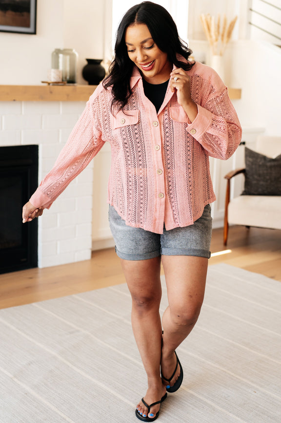 Sweeter Than Nectar Lace Button Down in Rose Womens Tops   