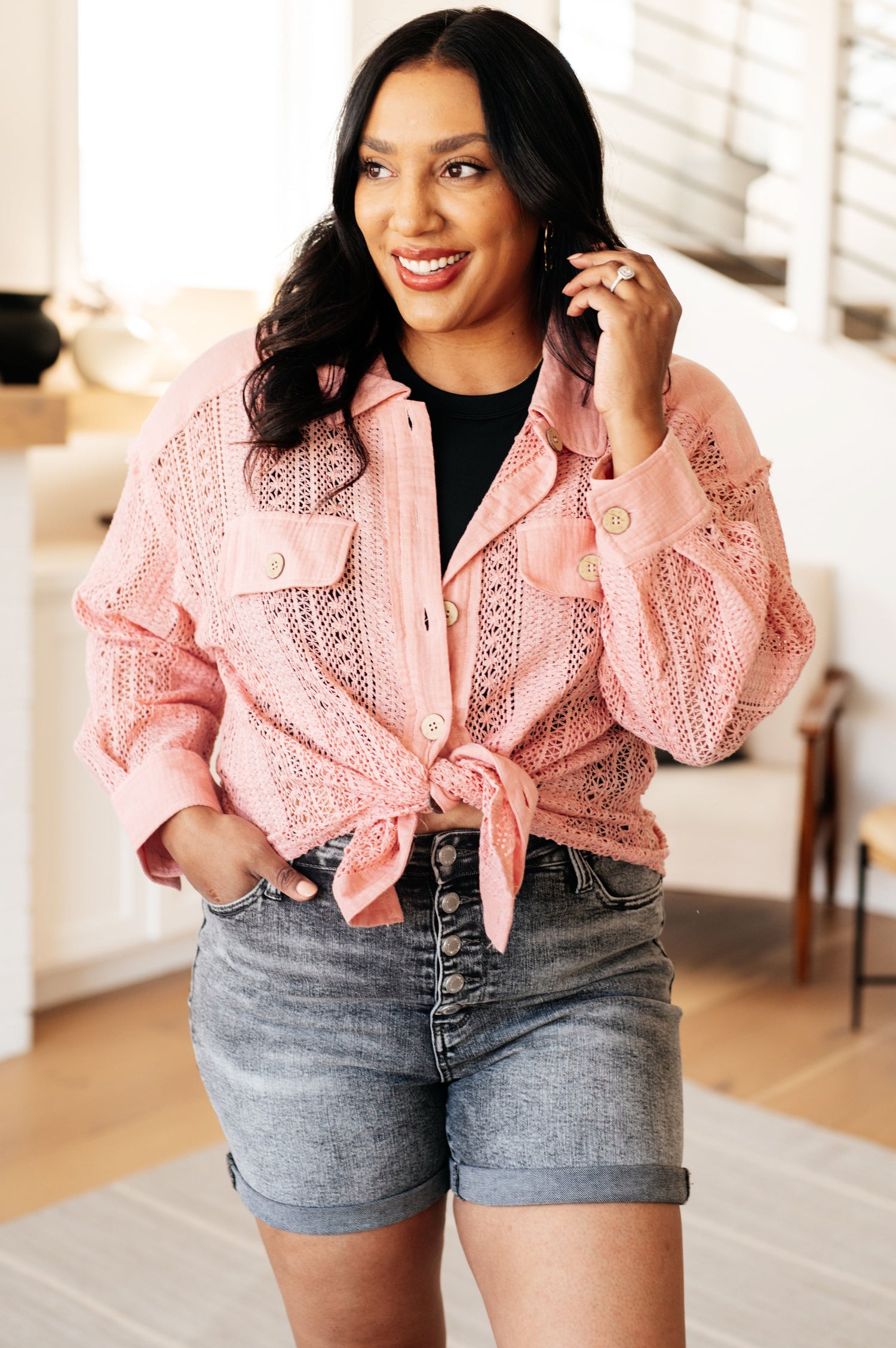 Sweeter Than Nectar Lace Button Down in Rose Womens Tops   