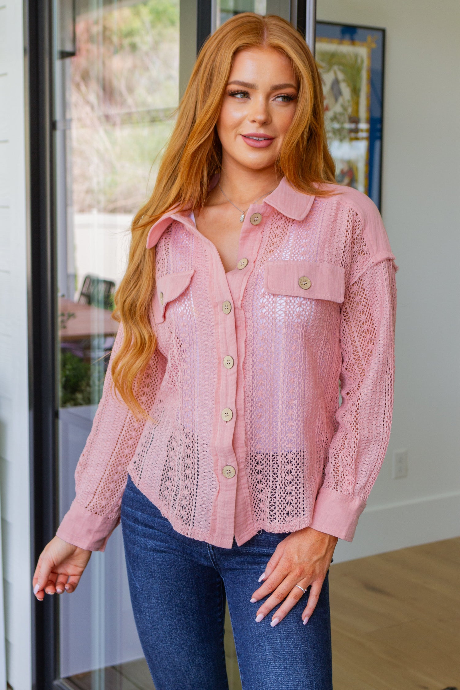 Sweeter Than Nectar Lace Button Down in Rose Womens Tops   