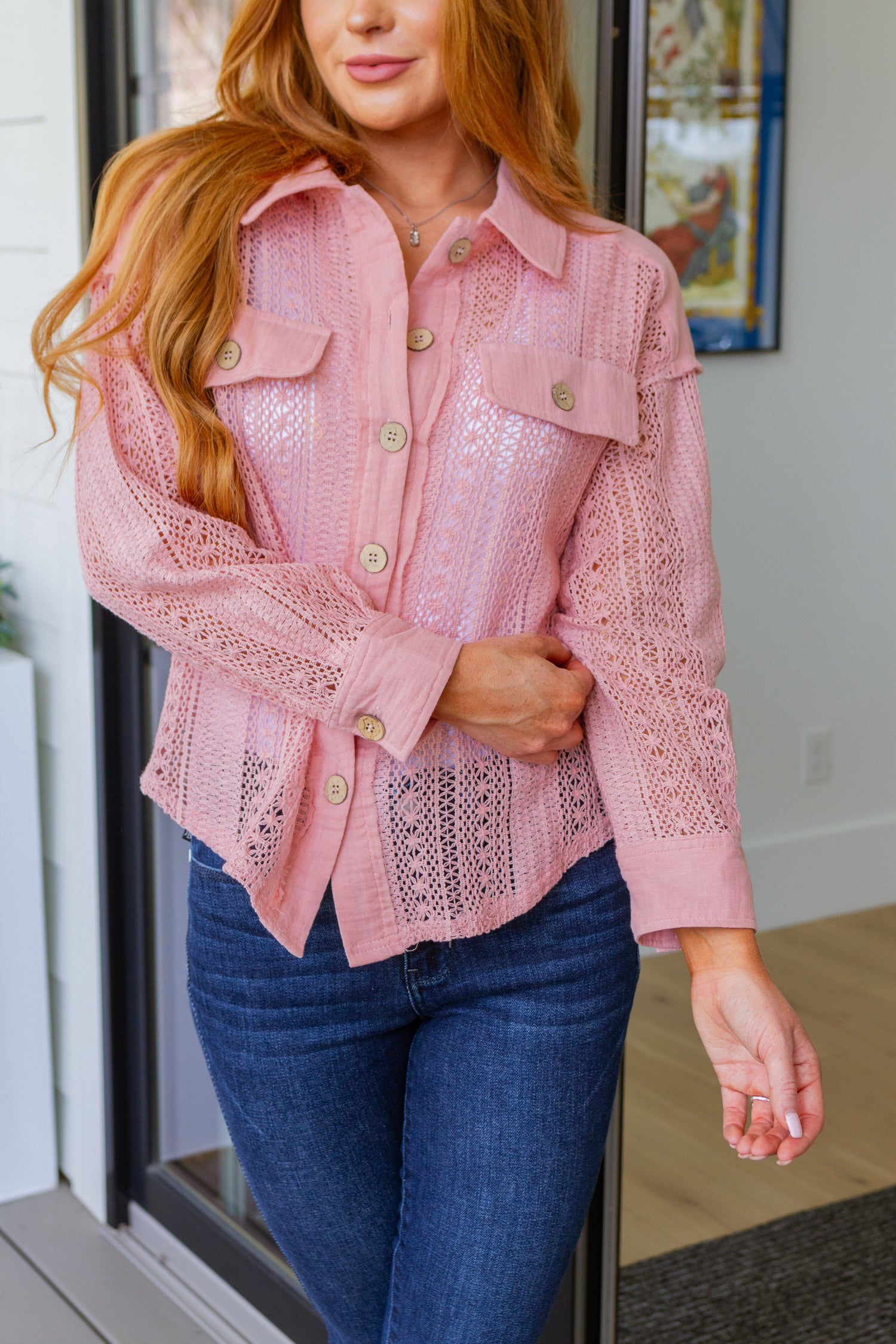 Sweeter Than Nectar Lace Button Down in Rose Womens Tops   