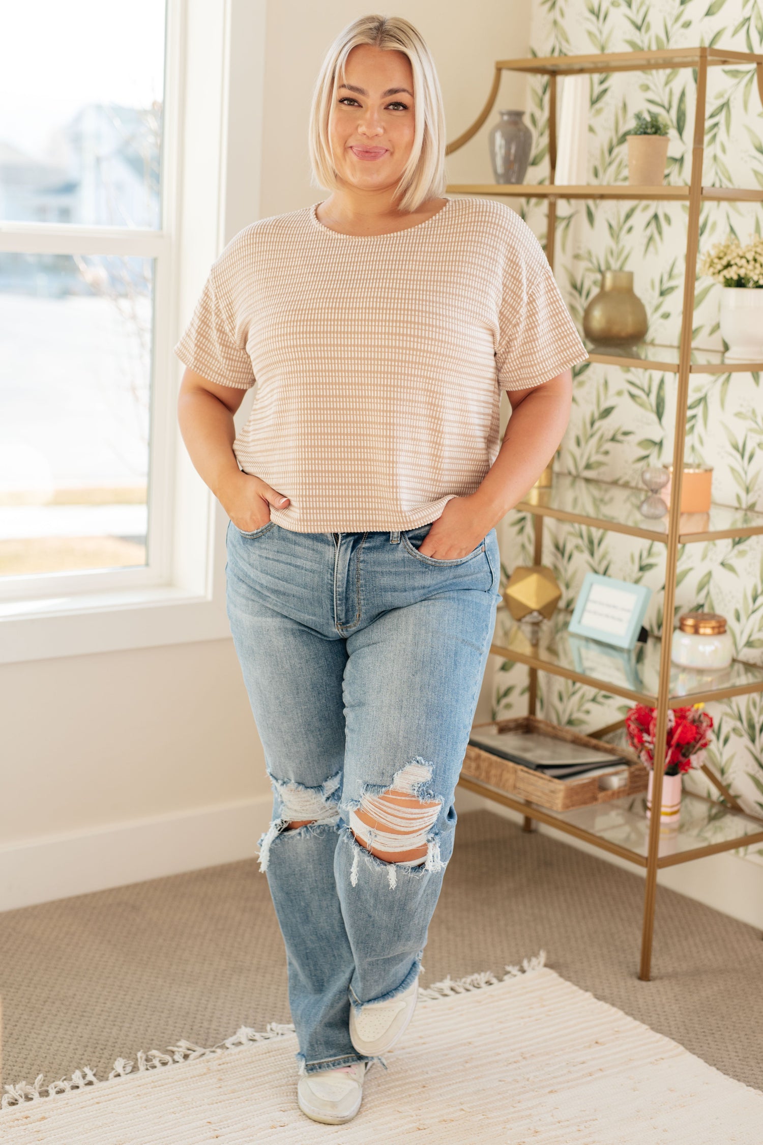 Textured Boxy Top in Taupe Tops   