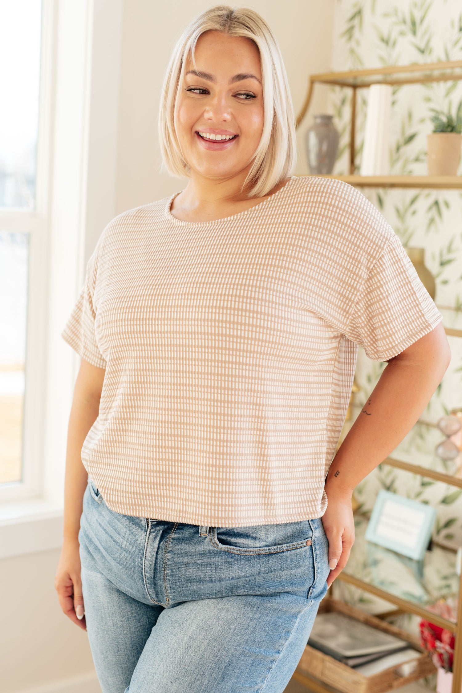 Textured Boxy Top in Taupe Tops   