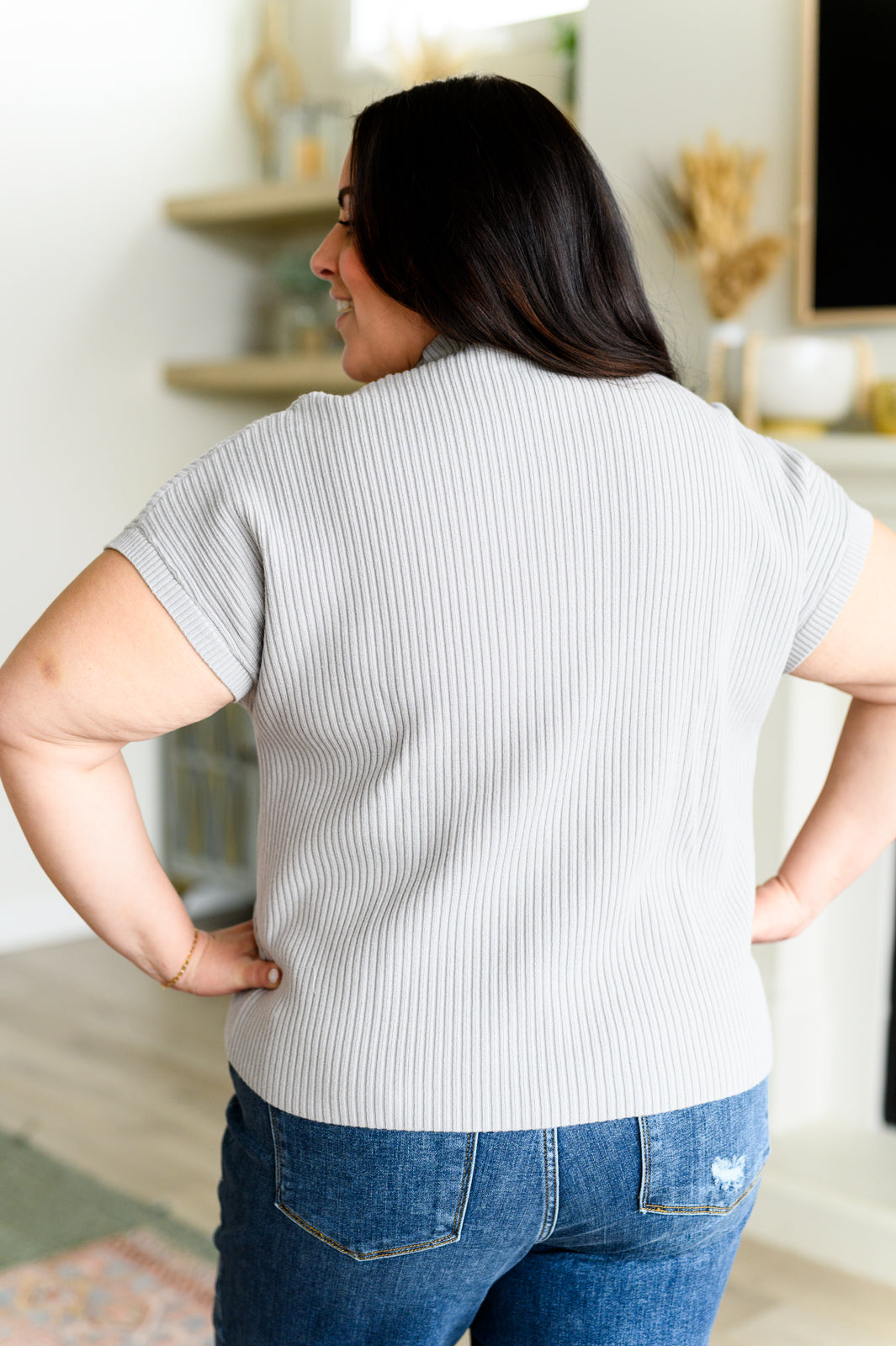 This Little Life Mock Neck Short Sleeve Sweater in Grey Tops   