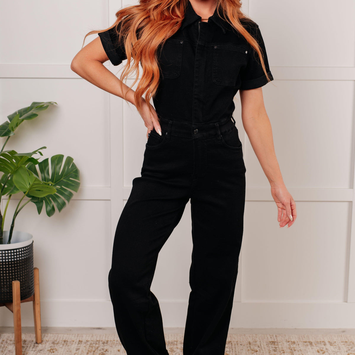 Tilda Short Sleeve Control Top Denim Jumpsuit - Three Mad Hatters Mercantile 