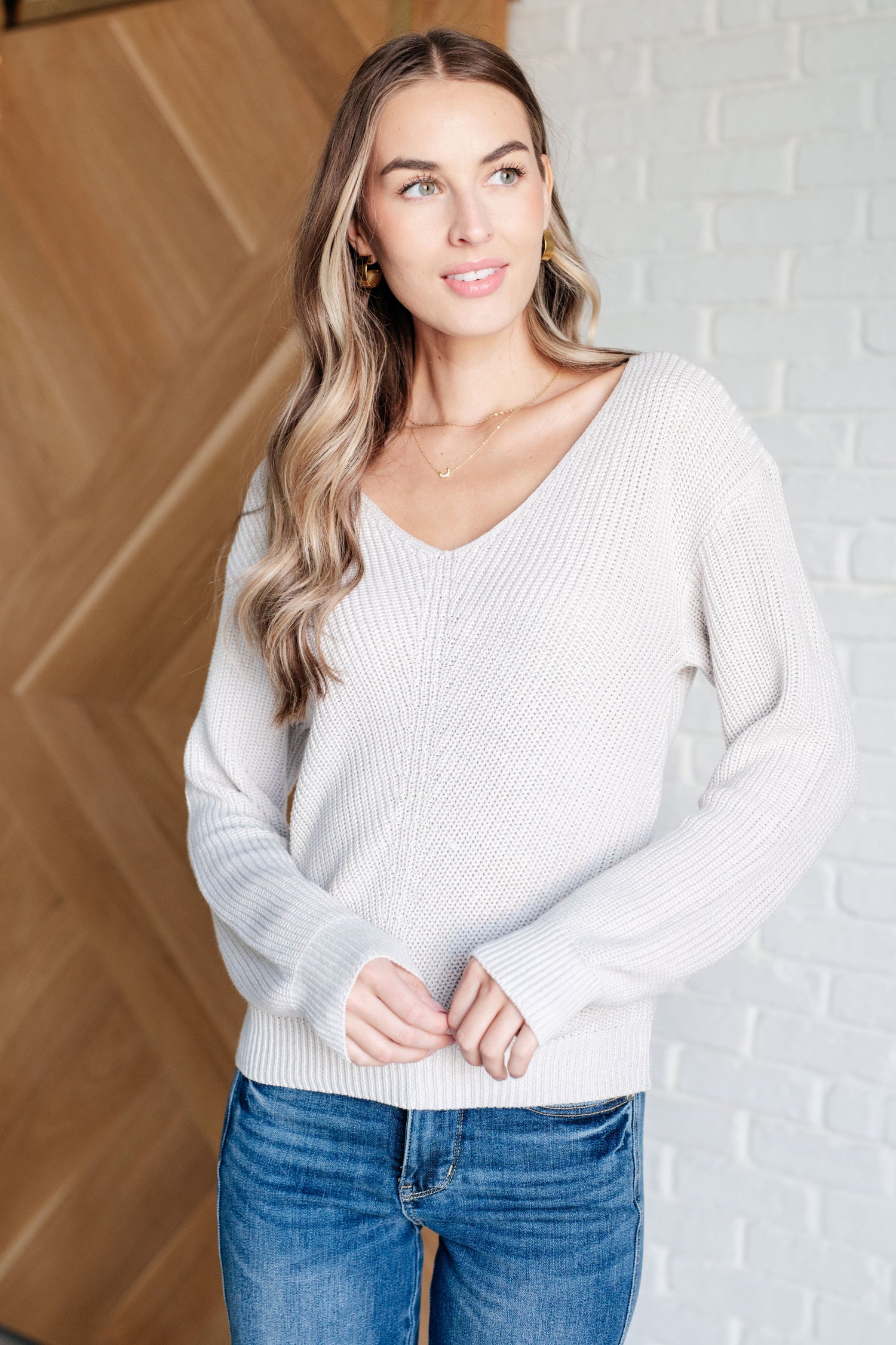 Told You So Ribbed Knit V Neck Sweater in Oatmeal Tops   