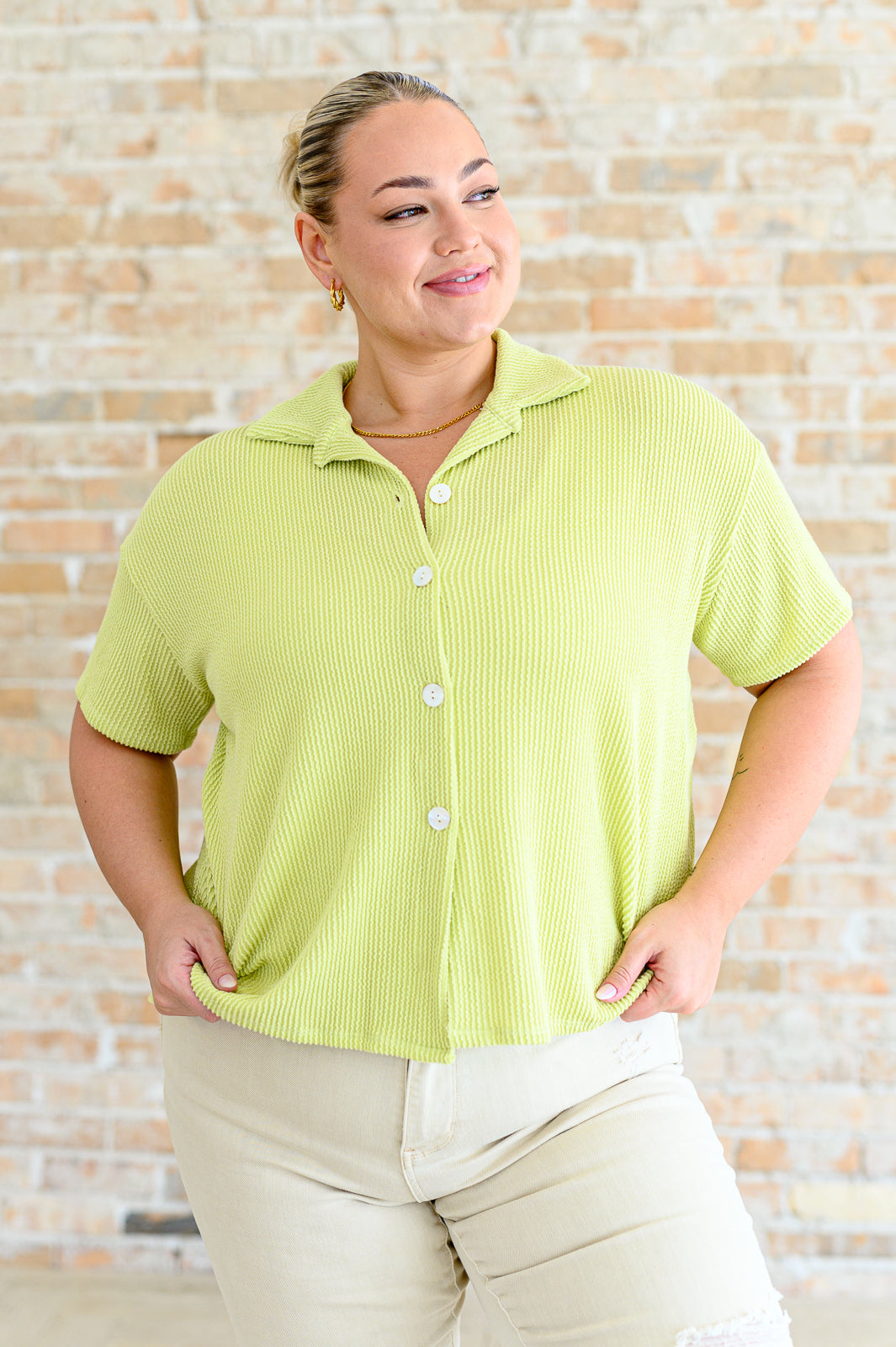 Two's Company Ribbed Button Down Womens Tops   