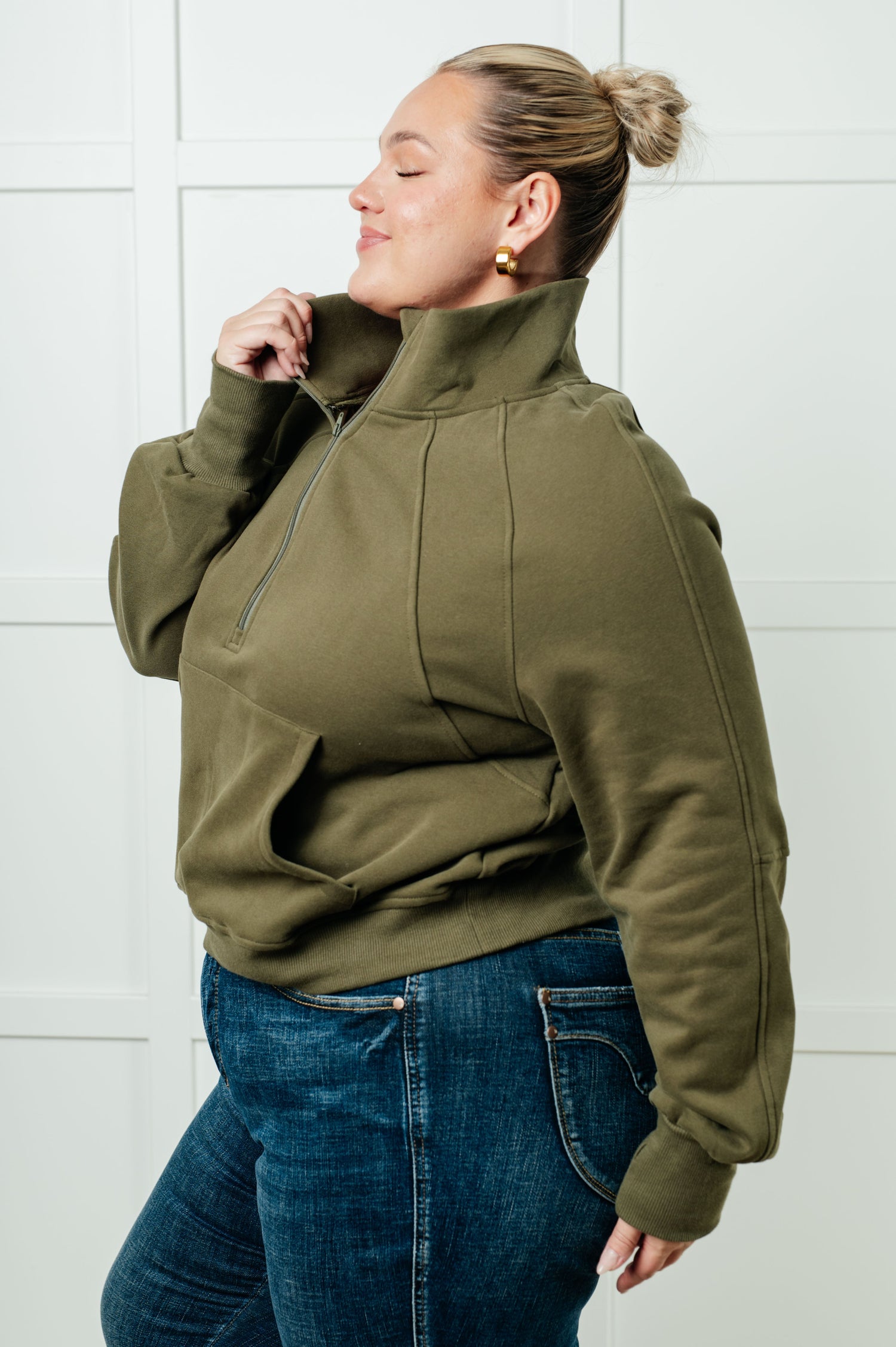 Under Her Spell Half Zip Pullover in Green Tops