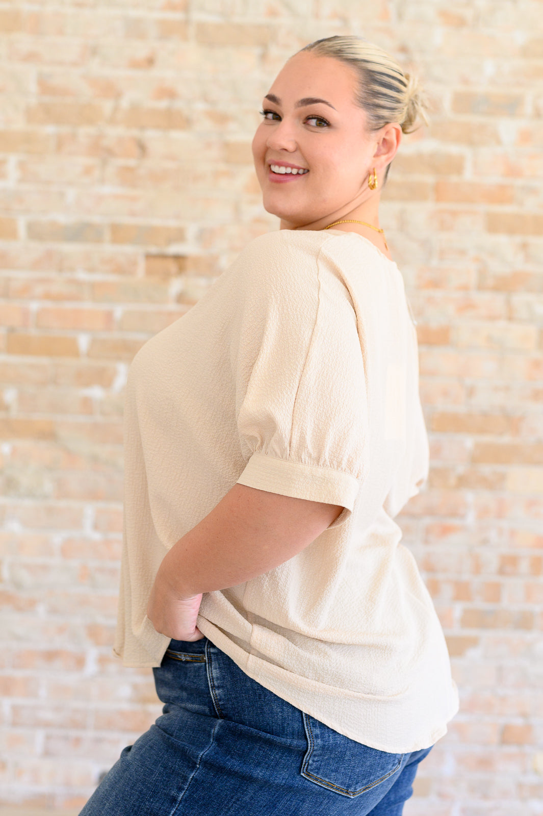 Up For Anything V-Neck Blouse in Taupe Womens Tops   