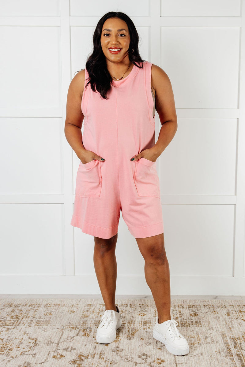 Up and Running Mineral Wash Romper in Coral Pink Jumpsuits & Rompers