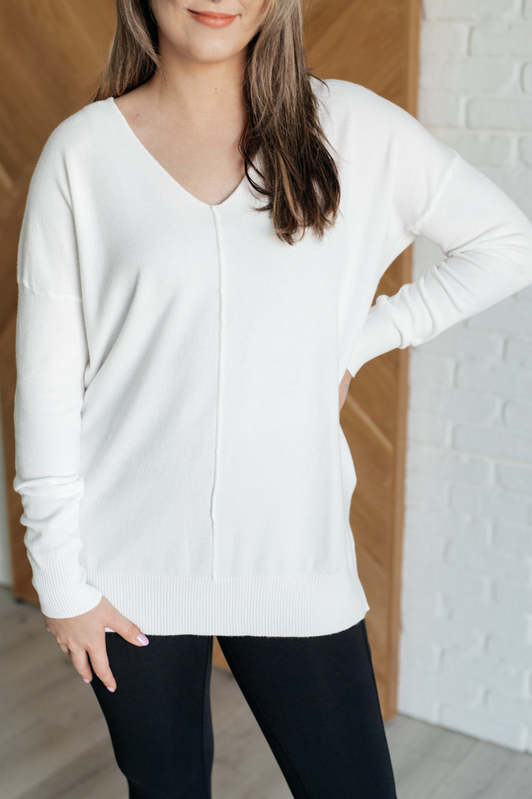 V-Neck Front Seam Sweater in Ivory Tops   