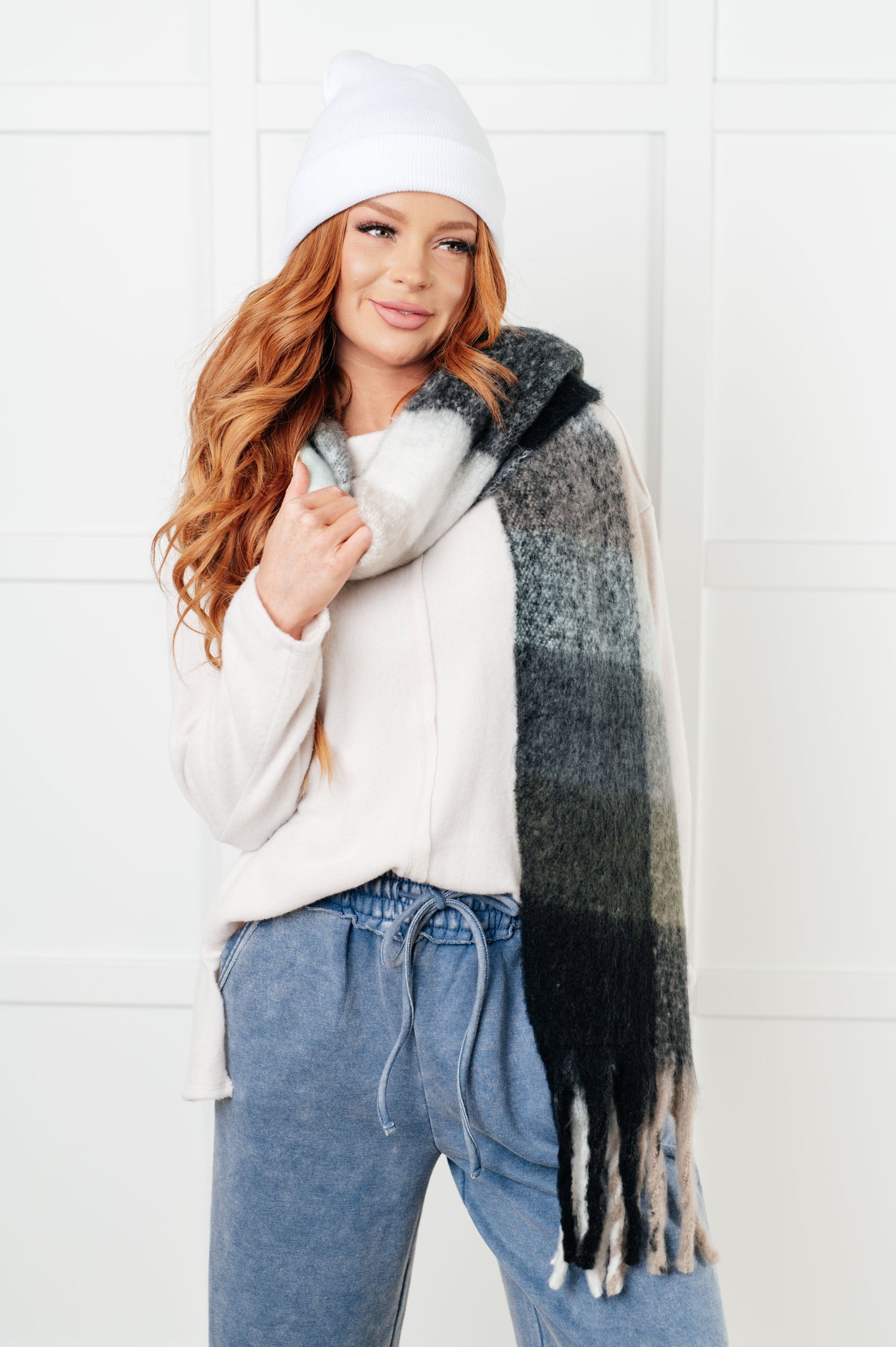 Wanderlust Wrap Oversized Plaid Fringe Scarf in Grey and Jade Accessories