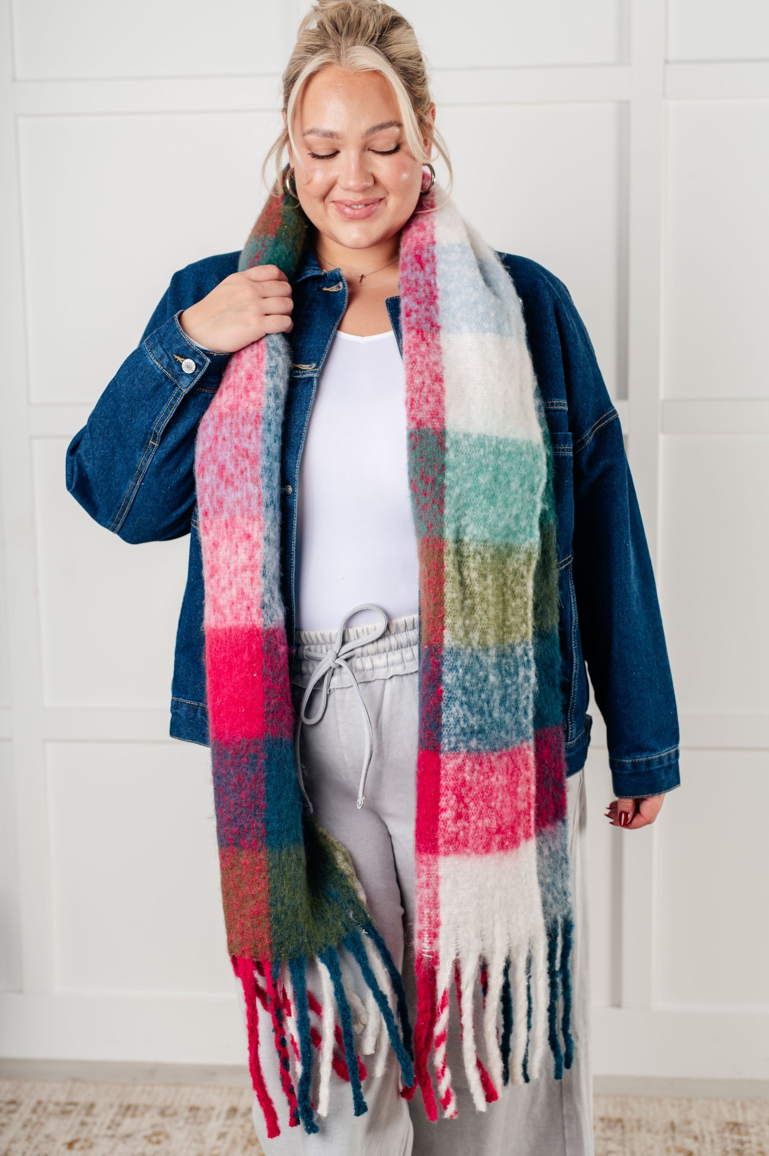 Wanderlust Wrap Oversized Plaid Fringe Scarf in Magenta and Teal Accessories