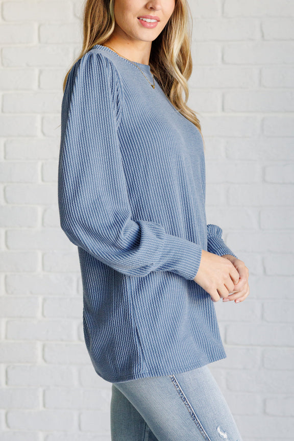 When the Sun Goes Down Mineral Wash Ribbed Knit Top in Vintage Denim Tops   