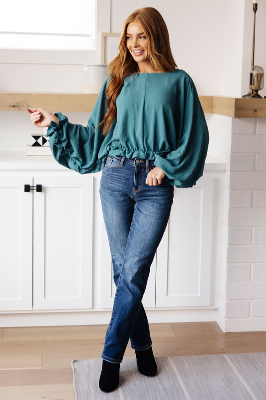 Winging It Ruffle Detail Top in Teal Tops   