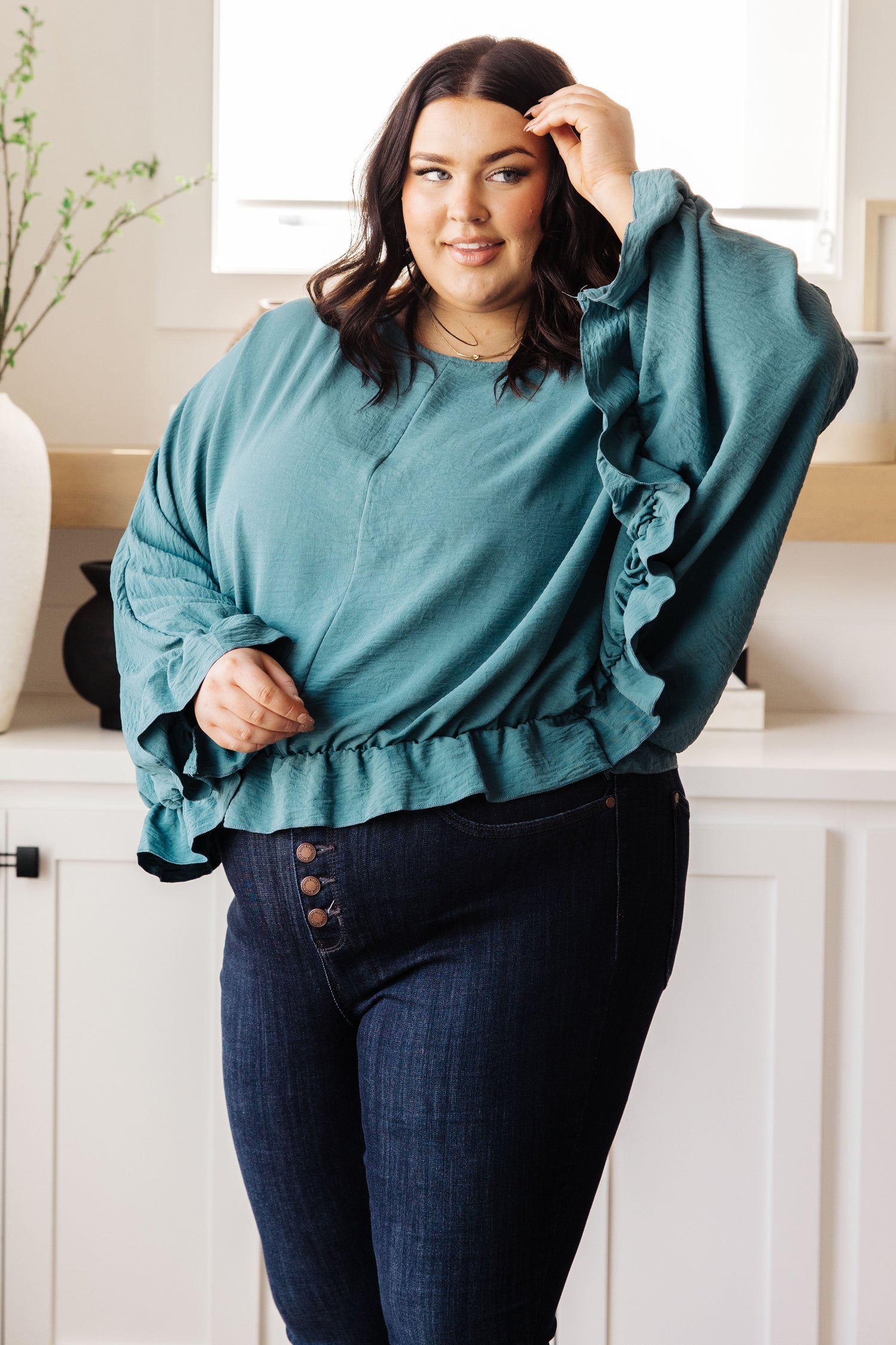 Winging It Ruffle Detail Top in Teal Tops   