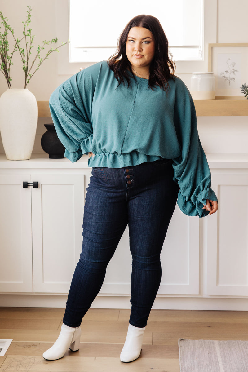 Winging It Ruffle Detail Top in Teal Tops   