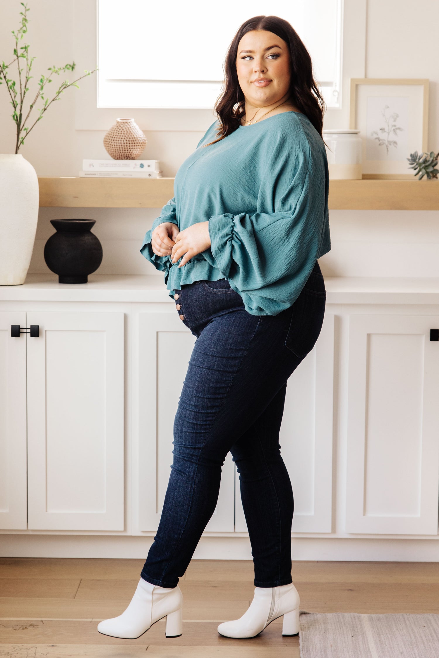 Winging It Ruffle Detail Top in Teal Tops   