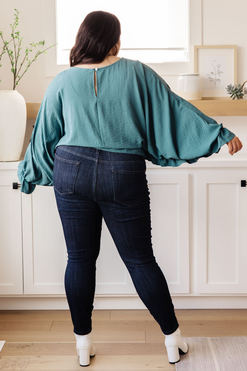 Winging It Ruffle Detail Top in Teal Tops   