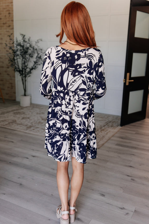 Worthwhile Moment Floral Tiered Dress in Oatmeal and Navy Womens Dresses   