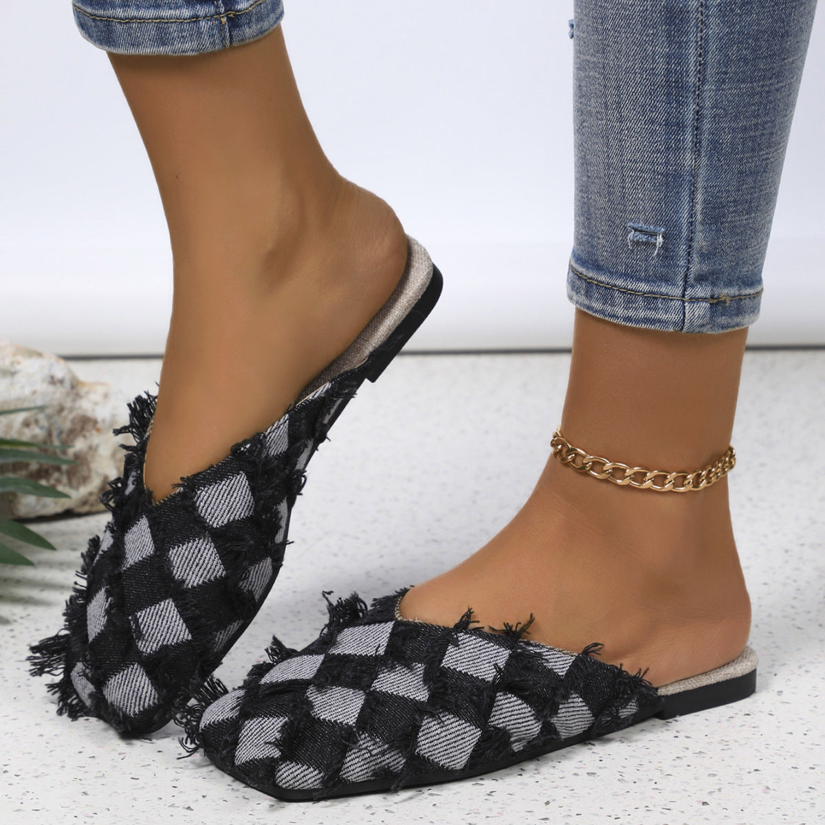 Plaid Square Toe Flat Slippers Womens Slides   