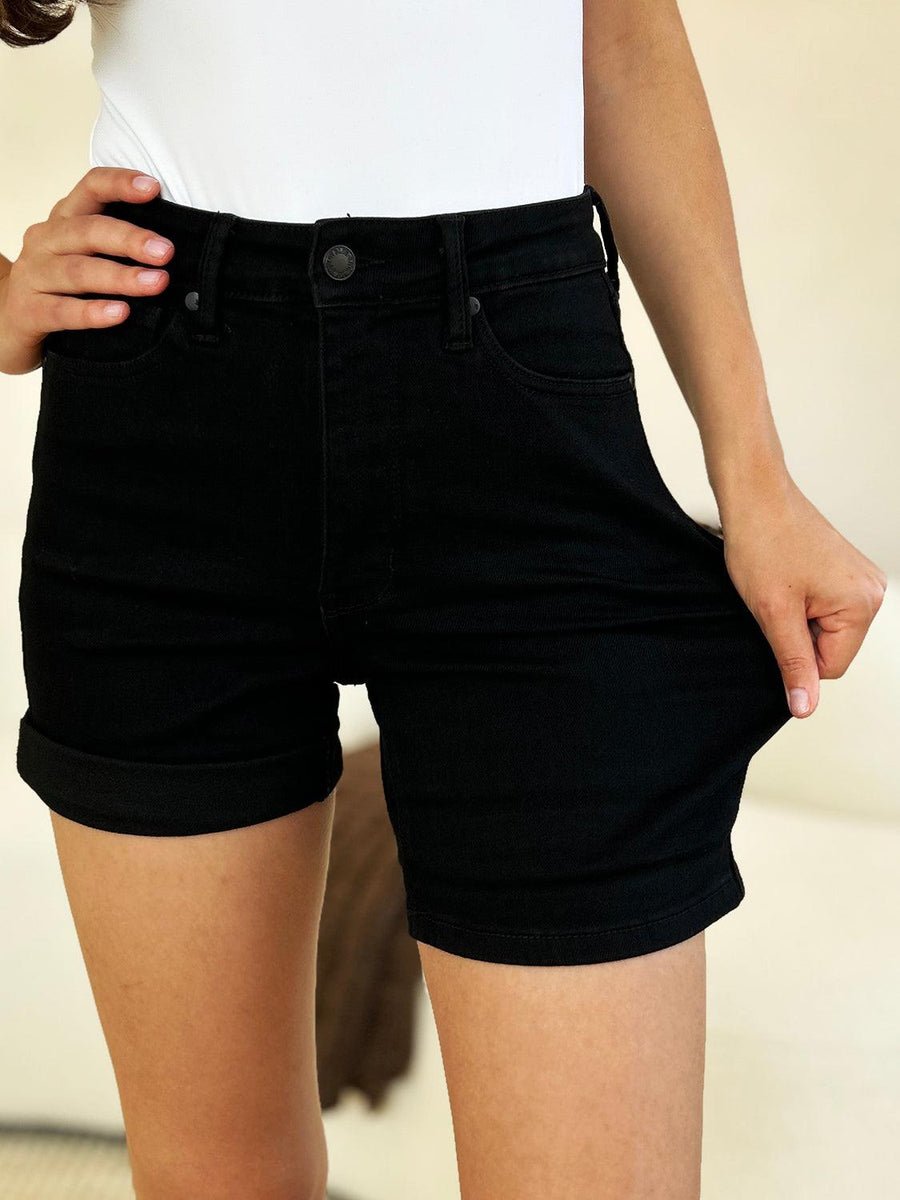 Judy Blue Full Size High Waist Tummy Control Cuffed Denim Shorts - Three Mad Hatters Mercantile 