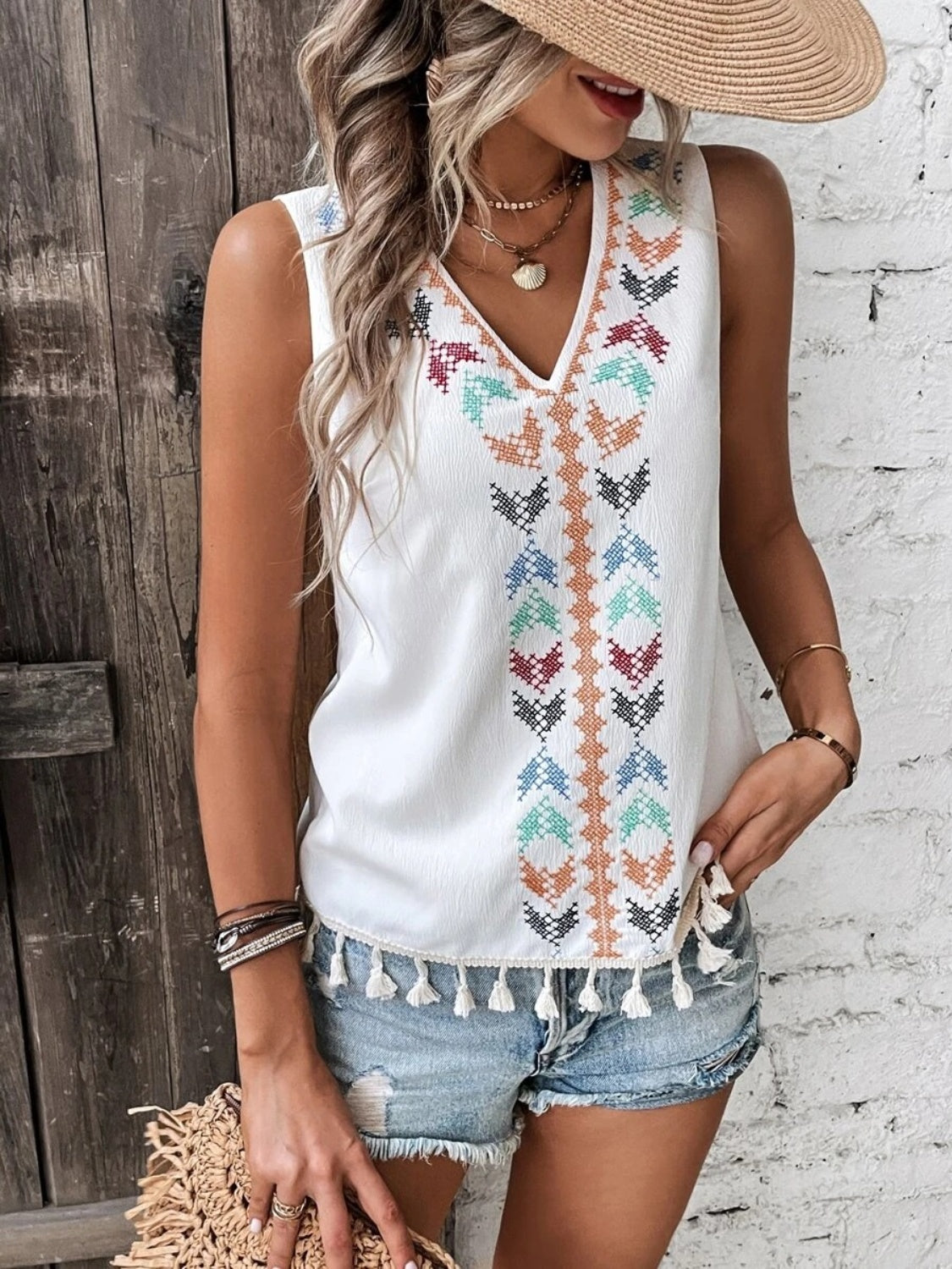 Printed V-Neck Tank w Tassels Womens Tank Tops   