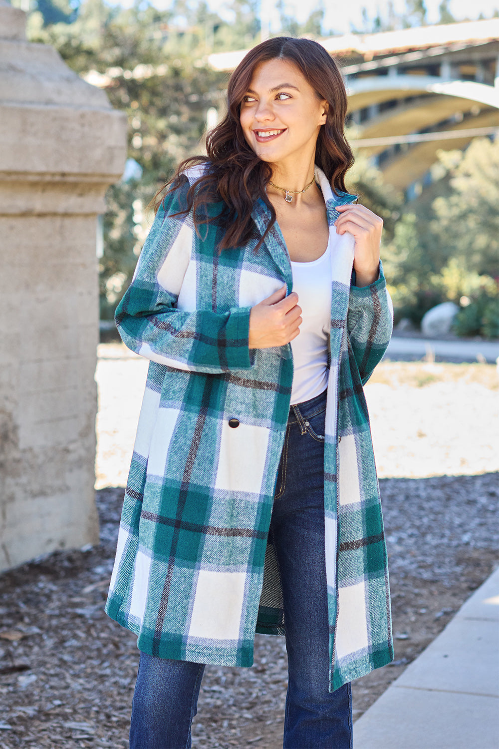 Double Take Plaid Button Up Lapel Collar Coat Womens Plaid Lapel Collar Coat French Blue S