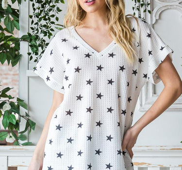 Heimish Full Size Star Print Short Sleeve V-Neck Waffle Knit T-Shirt