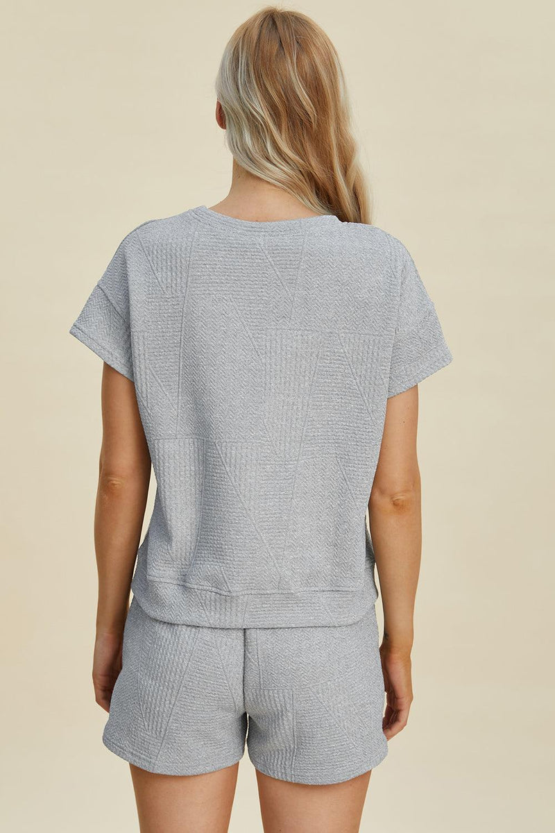 Double Take Full Size Texture Short Sleeve Top and Shorts Set - Three Mad Hatters Mercantile 