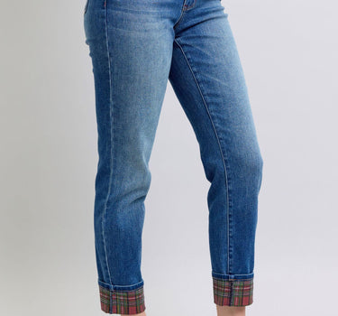Judy Blue Full Size Plaid Print Cuff Straight Leg Jeans with Pockets