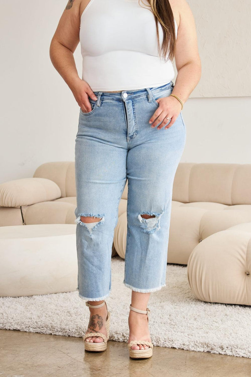RFM Tummy Control High Waist Raw Hem Distressed Jeans - Three Mad Hatters Mercantile 