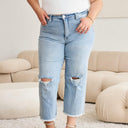 RFM Tummy Control High Waist Raw Hem Distressed Jeans