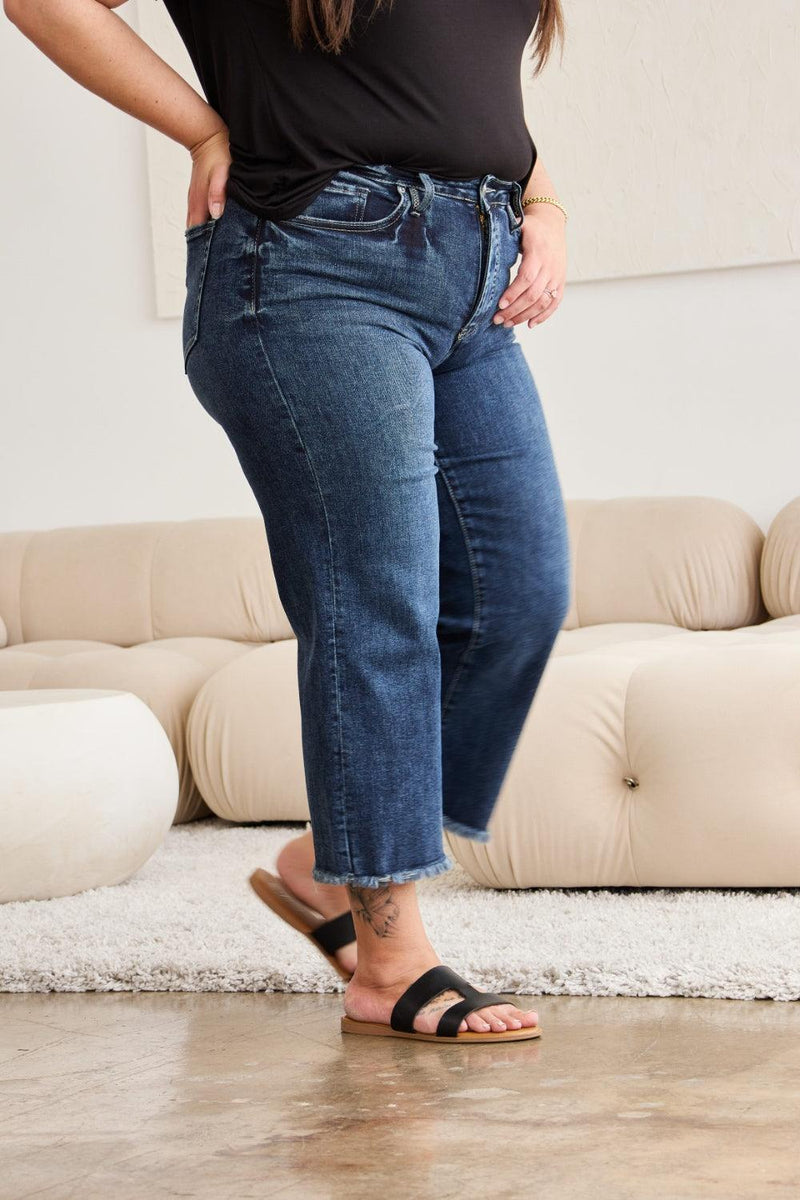 RFM Tummy Control High Waist Raw Hem Jeans - Three Mad Hatters Mercantile 
