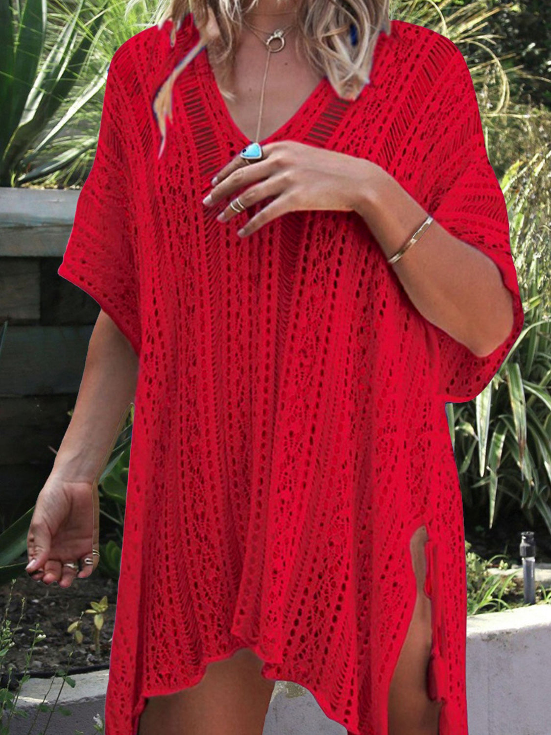 Cutout V-Neck Cover-Up with Tassel  Red One Size 