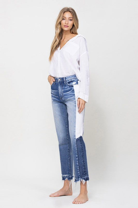 Super HIgh RIse Straight W/Side Blocking Panel Straight Leg Jeans   