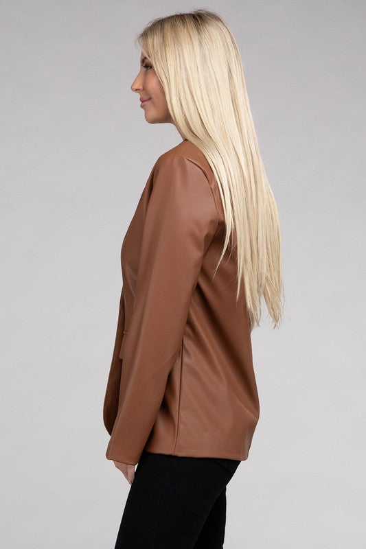 Sleek Pu Leather Blazer with Front Closure Blazer   