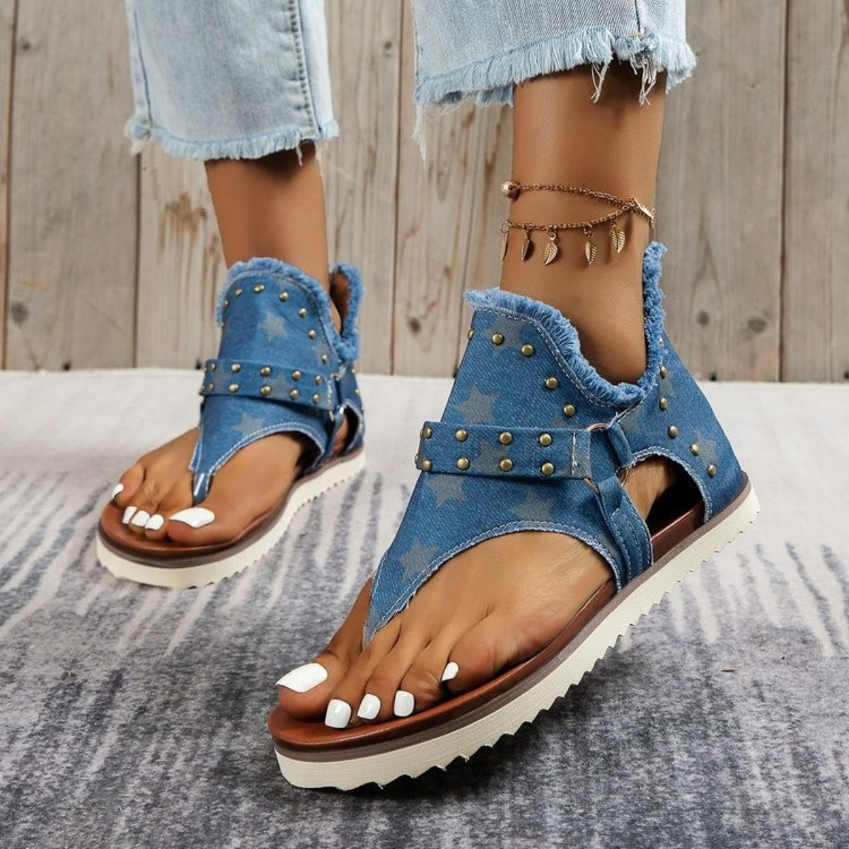 Studded Raw Hem Flat Sandals Womens Sandals Medium 36(US5) 