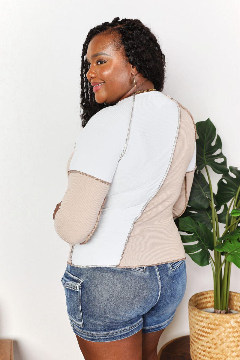 Double Take Color Block Exposed Seam Top - Three Mad Hatters Mercantile 
