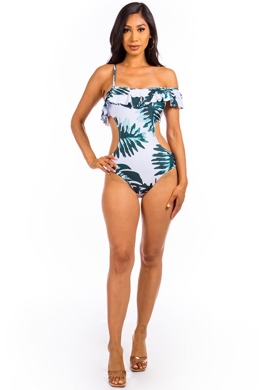 OPEN SIDED ONE PIECE BATHING SUIT WITH RUFFLED SHO    