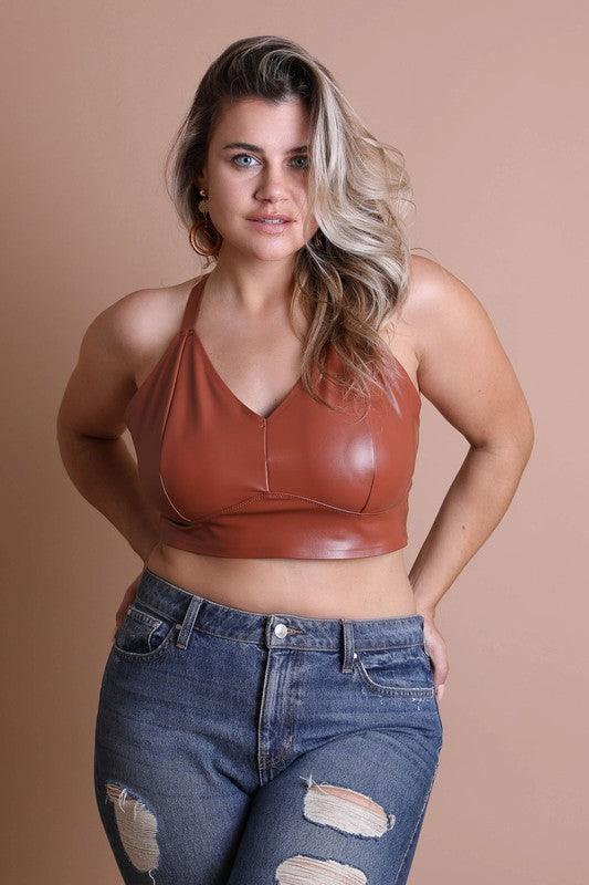 Faux Leather Longline Bralette Plus Size - Three Mad Hatters Mercantile 