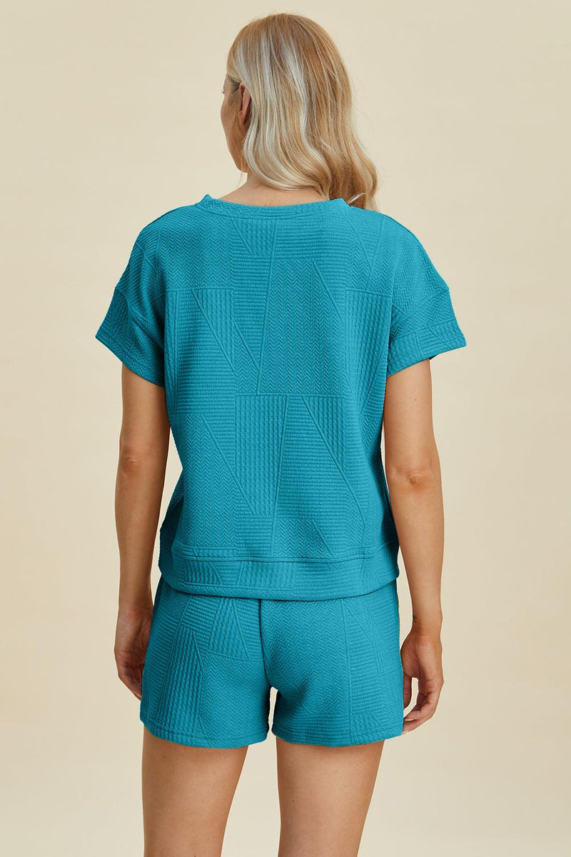 Double Take Full Size Texture Short Sleeve Top and Shorts Set - Three Mad Hatters Mercantile 