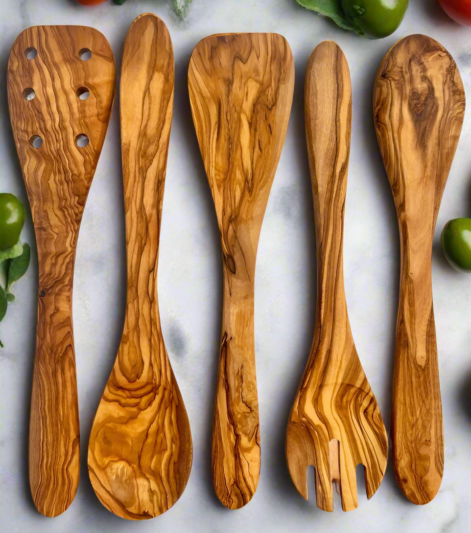 Mediterranean Olive Wood Kitchen Servers Set Olive Wood Kitchen Servers Set 5 PC   