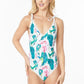 ONE PIECE BATHING SUIT FLORAL PRINT SHOULER TOP TI    