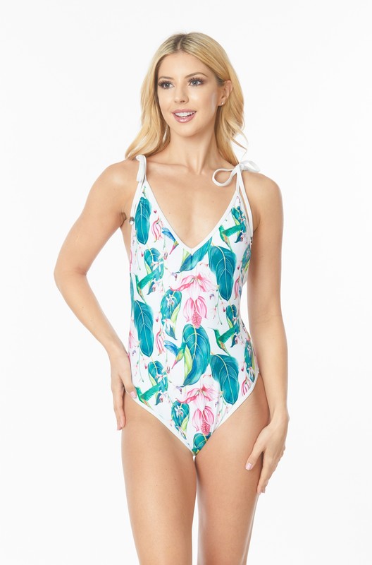 ONE PIECE BATHING SUIT FLORAL PRINT SHOULER TOP TI    