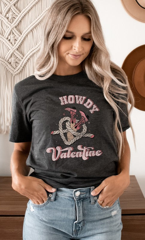 Howdy Valentine Cowboy Boots Graphic Tee T- Shirt Heather Charcoal S 