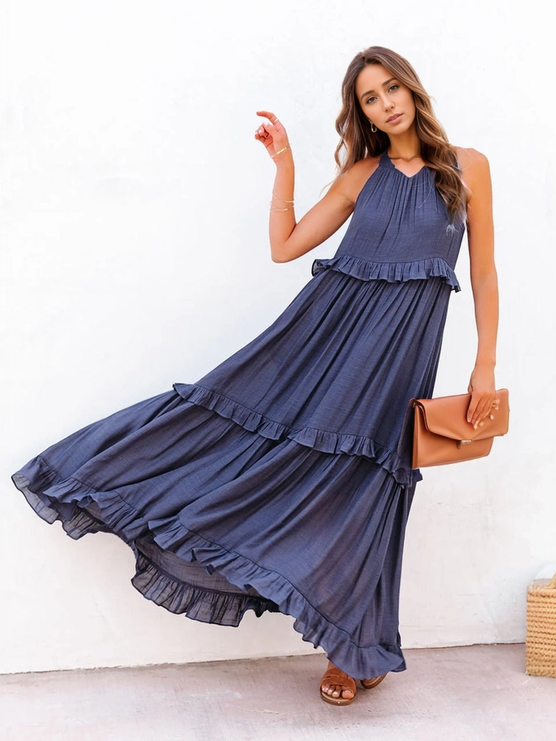 Ruffled Sleeveless Tiered Maxi Dress with Pockets  Dark Blue S 