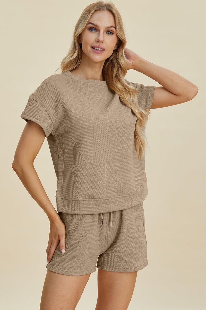 Double Take Full Size Texture Short Sleeve Top and Shorts Set - Three Mad Hatters Mercantile 