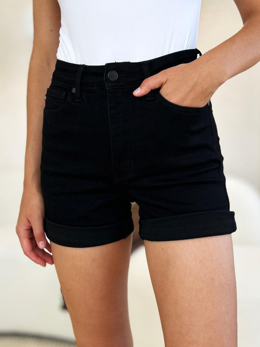 Judy Blue Full Size High Waist Tummy Control Cuffed Denim Shorts - Three Mad Hatters Mercantile 