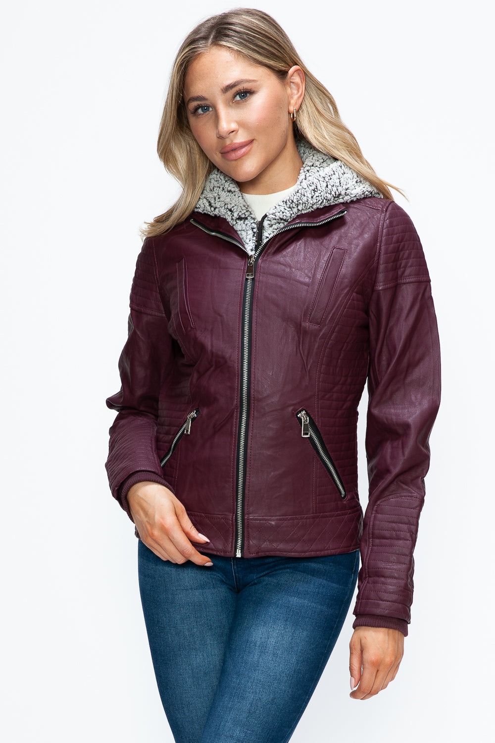 YMI Faux Layered Double-Zipper Jacket with Fuzzy Hood Womens Jacket Wine S